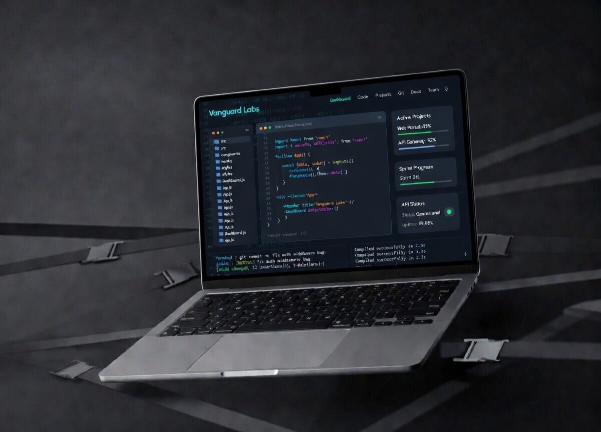 Software development team working on computers